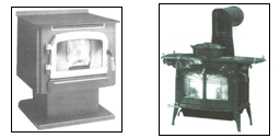 Left: The Destiny pellet stove, from Horizon Research, Inc. Right: The catalytic Defiant Encore, from Vermont Castings (Randolph, VT).